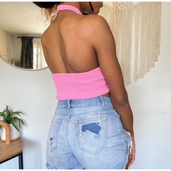 UO Juicy Couture Pink Terry Cloth Halter Crop Top NWT Y2K Size Medium - Picture 3 of 9